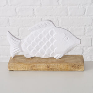 Ψάρι λευκό μεταλλικό σε ξύλινη βάση